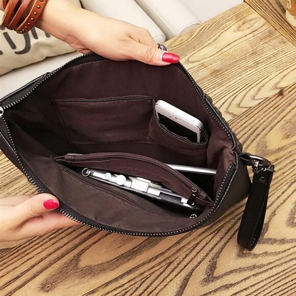 ✨Nigedu Women Black Oversized Leather Clutch Studded Wristlet Envelope Handbag - Picture 6 of 6